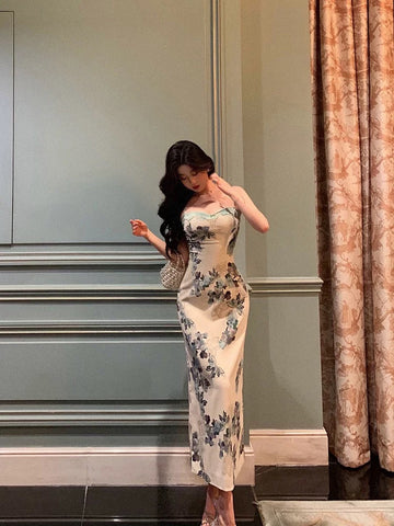 Sheath Spaghetti Straps Sleeveless Floral Date Night Dress Prom Dresses Birthday Outfits SD699